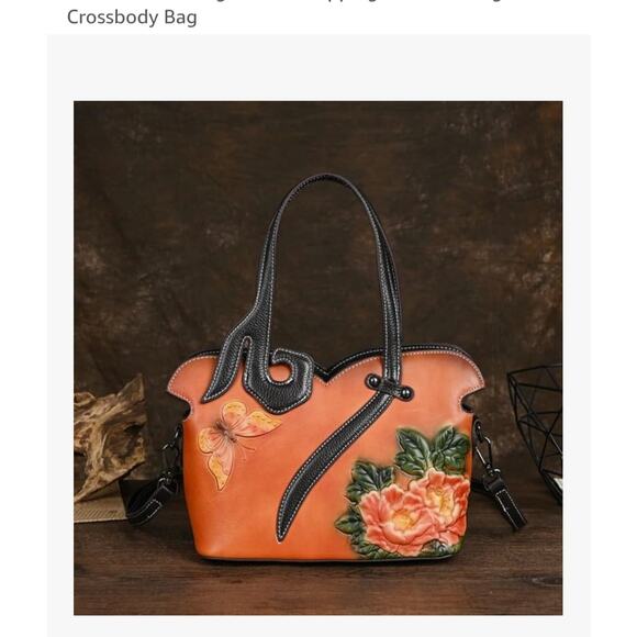 Genuine Leather Embossed Floral Garden Butterfly Artsy Handbag NEW Boho - Picture 14 of 14